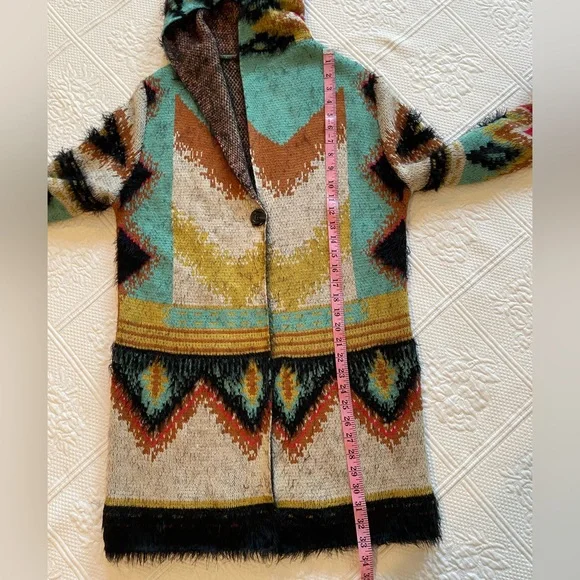 MaxSport Aztec Open Front Cardigan Hood Sweater Western Tribal Ivory/Turquoise - Picture 10 of 12